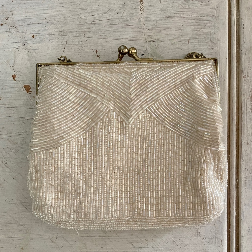 Vintage Cream Beaded Clutch Elegant Evening Bag